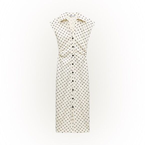 Zara linen blend black - white polkadot Ecru midi dress - Picture 1 of 10